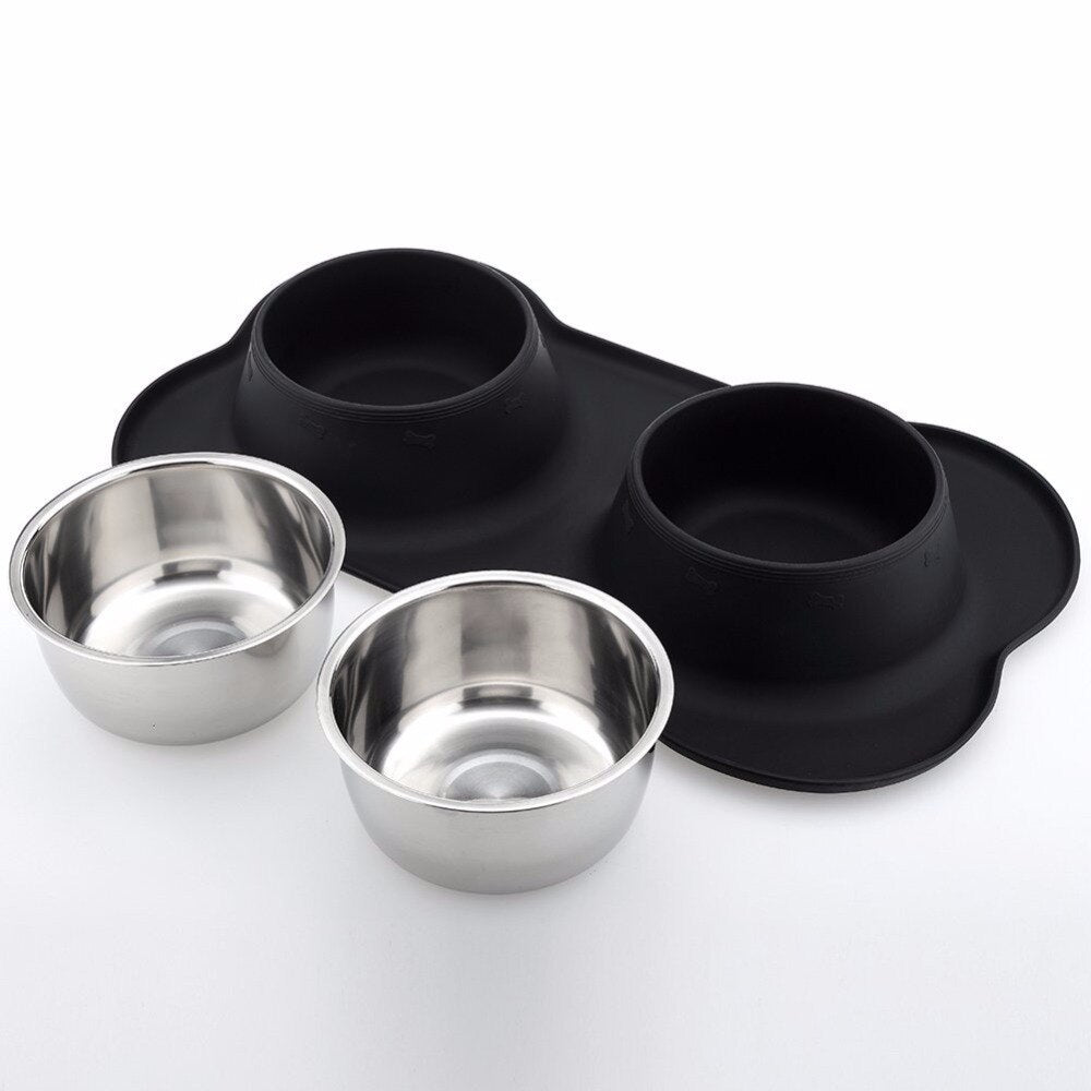 Plato de Acero Inoxidable Antiderrame con Base de Silicona Antideslizante para Perros y Gatos